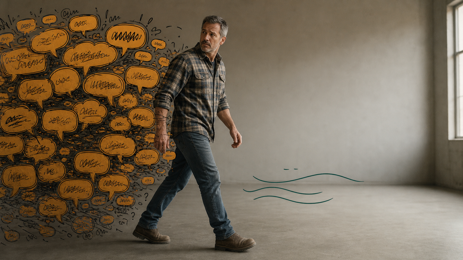 A man stepping away from a dense swarm of thought bubbles into a clear open room
